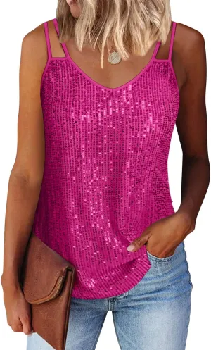 Allimy Womens Strappy Sequin V Neck Tank Tops Sparkle Shimmer Party Club Tank Tops Sleeveless Shirts