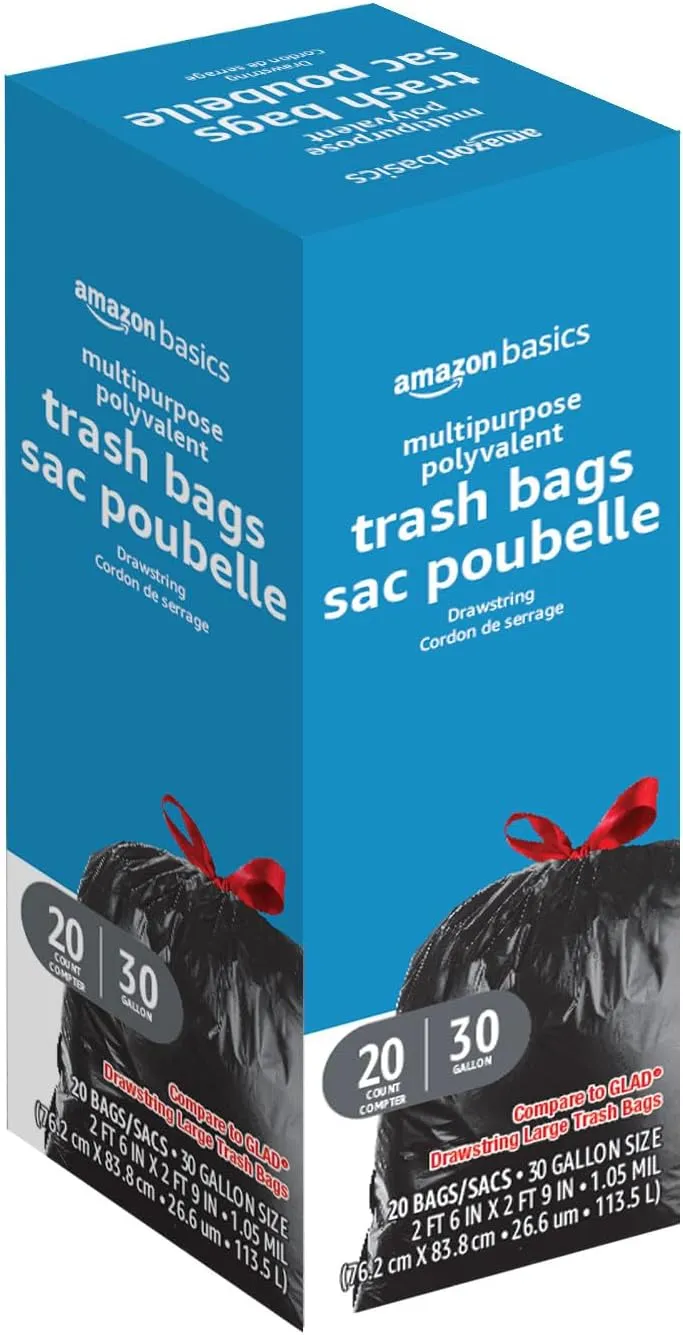 Amazon Basics Multipurpose Drawstring Trash Bags, 30 Gallon, 20 Count, Pack of 1
