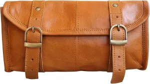 american blue Vintage Genuine Goat Leather Motorcycle Bag 2 Strap Buckle Closure Brown Tool Bag Quick Release Reinforced Handlebar Fork Leather Bike Bag (Pattern 3)