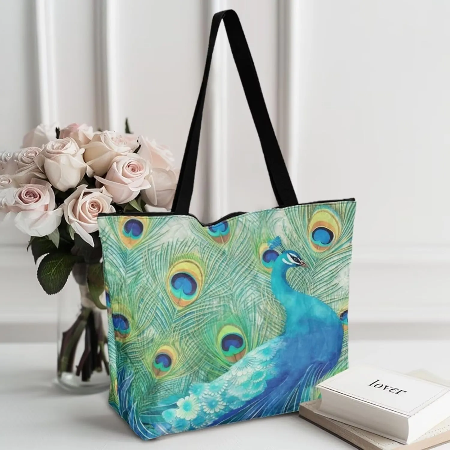 American Flag 14'' Tote Paper Bag for Women Shoulder Tote Bags, Cute Cat Animal Commute Bag, Lemon Fruit Handbag
