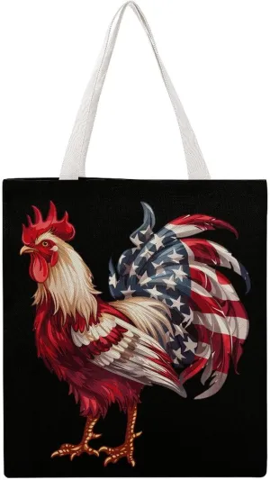 American Flag Cock Fighting Rooster Chicken Canvas Tote Bag Casual Handbags Grocery Shopping Purses Work Bag for Women