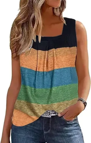 American Flag Ruffled Square Collar Tank Tops Women Boho Floral Tops Summer Casual Loose Fit Sleeveless Blouse
