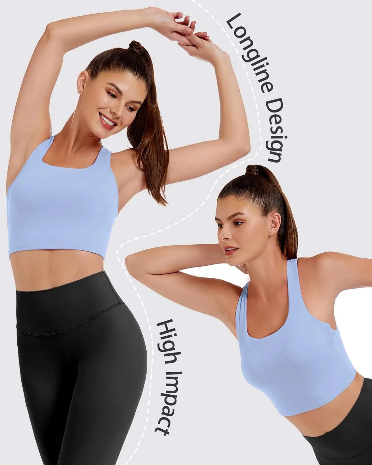 AngiMelo Womens Longline Sports Bra Square Neck Workout Tops Support Crop Tank Strappy Yoga Top Built in Bra Teens