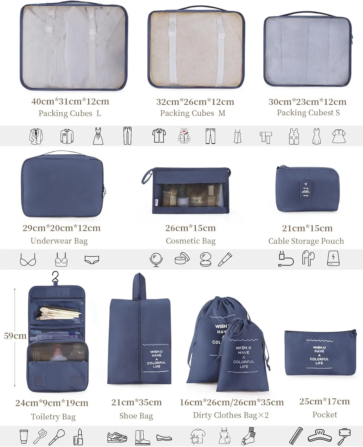 Anjing Packing Cubes 10/11 PCS Travel Luggage Organizers, Travel Essentials, Waterproof Packing Organisers, Luggage Organizer Bags