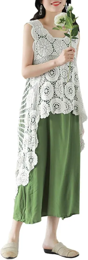 Anna-Kaci Women's Crochet Long Vest Boho Sleeveless Kimono Dress Swimwear Cover up