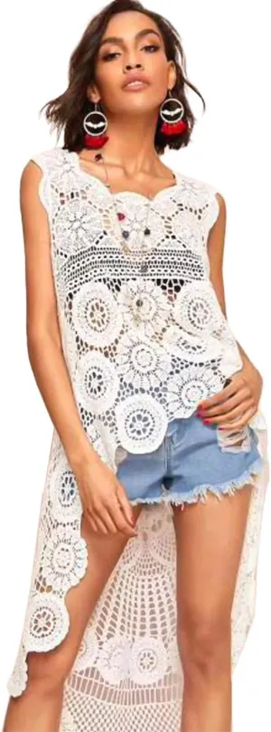 Anna-Kaci Women's Crochet Long Vest Boho Sleeveless Kimono Dress Swimwear Cover up