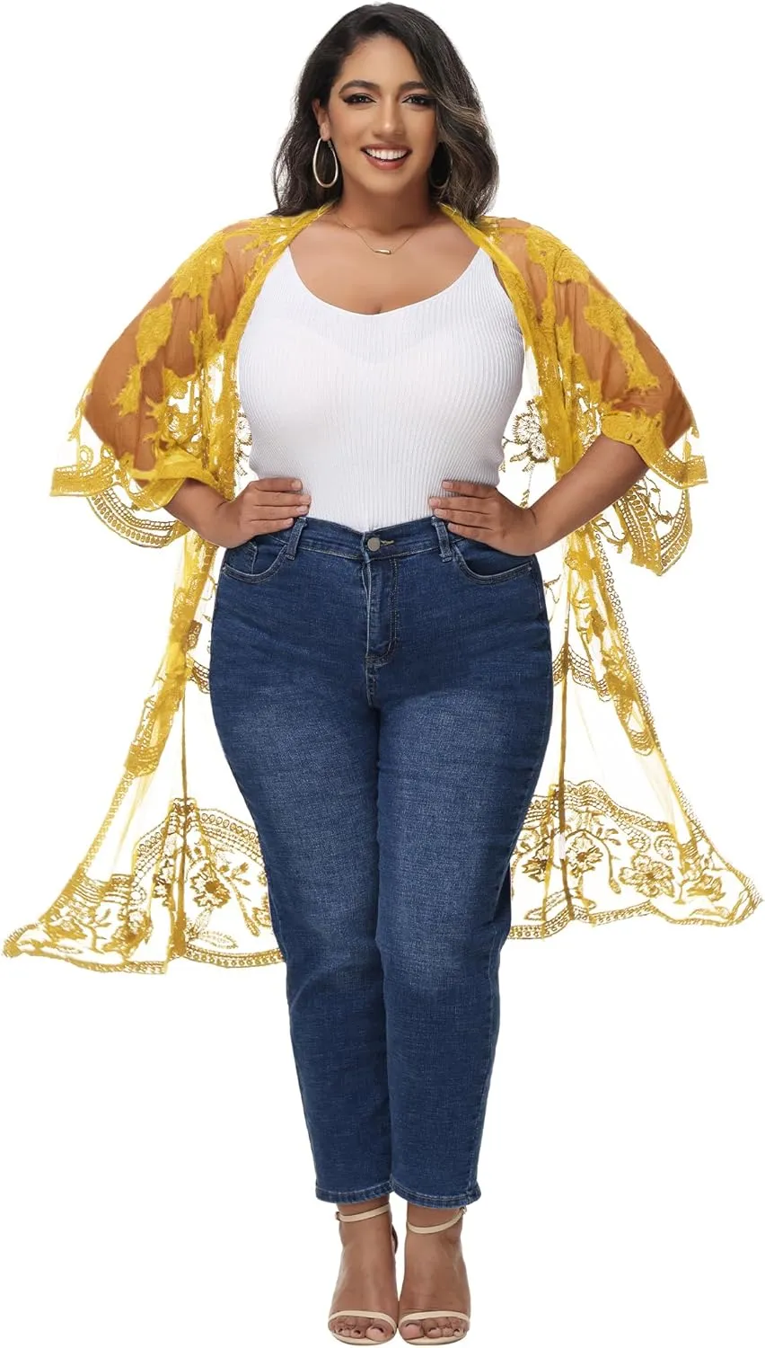 Anna-Kaci Women's Plus Size Lace Cardigan Embroidered Long Kimono Dusters with Half Sleeves