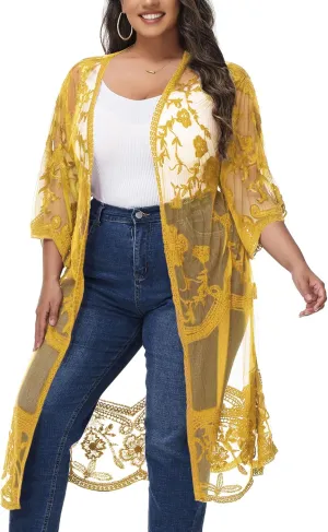 Anna-Kaci Women's Plus Size Lace Cardigan Embroidered Long Kimono Dusters with Half Sleeves