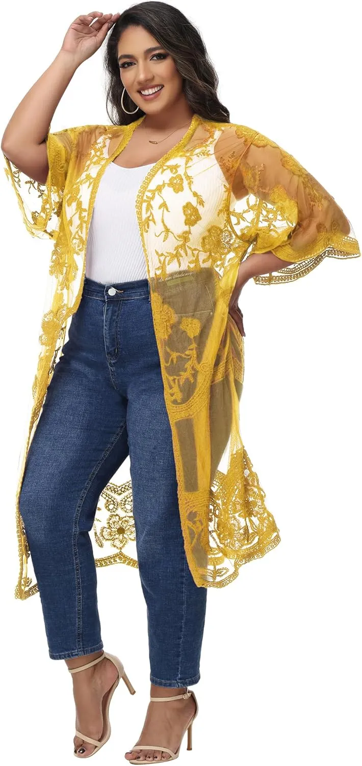 Anna-Kaci Women's Plus Size Lace Cardigan Embroidered Long Kimono Dusters with Half Sleeves