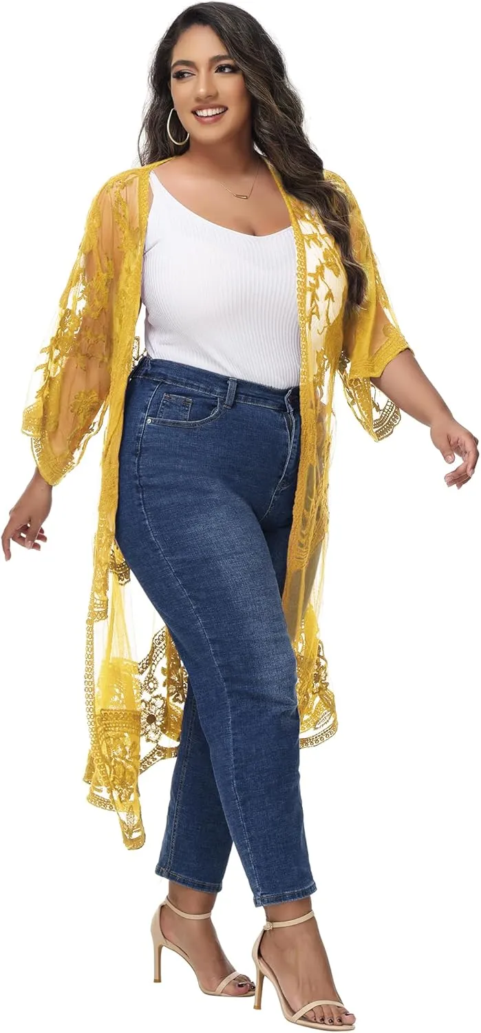 Anna-Kaci Women's Plus Size Lace Cardigan Embroidered Long Kimono Dusters with Half Sleeves