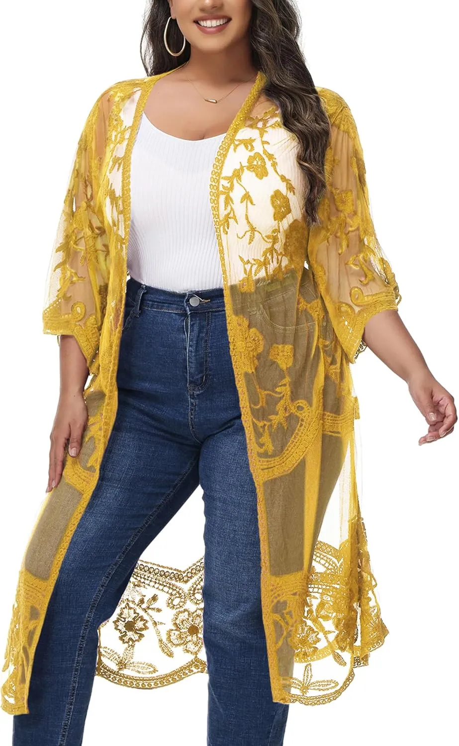 Anna-Kaci Women's Plus Size Lace Cardigan Embroidered Long Kimono Dusters with Half Sleeves
