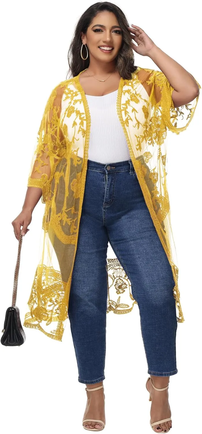 Anna-Kaci Women's Plus Size Lace Cardigan Embroidered Long Kimono Dusters with Half Sleeves