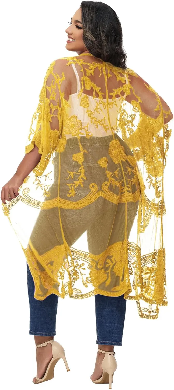 Anna-Kaci Women's Plus Size Lace Cardigan Embroidered Long Kimono Dusters with Half Sleeves