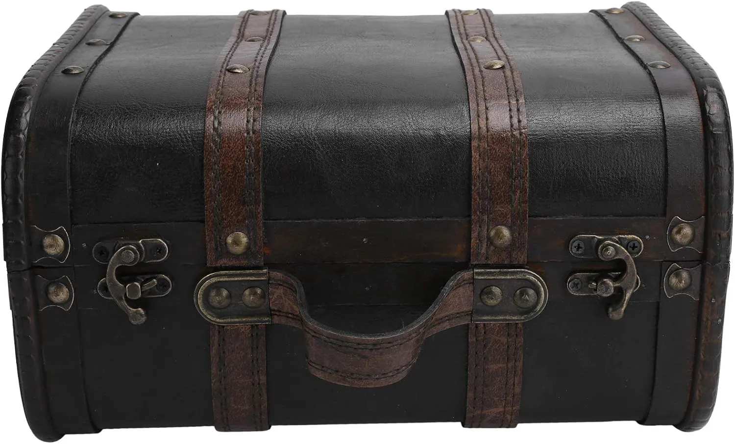 Antique Jewelry Box, Wooden Treasure Chest, Portable Travel Jewelry Organizer Storage Case Holder, Decorative Luggage Suitcase, Keepsakes Box with Leather Handle and Buckle (L)