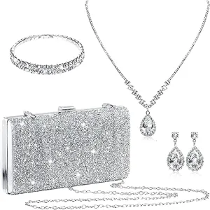 ANUFER Women's Silver Rhinestones 4 Pieces Jewelry and Clutch Purse Set for Wedding Prom Evening Party