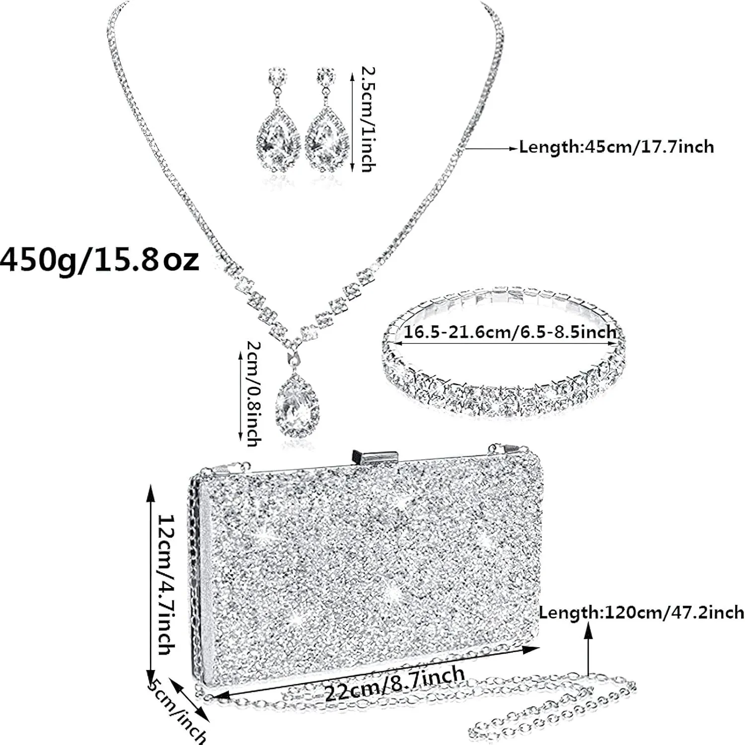 ANUFER Women's Silver Rhinestones 4 Pieces Jewelry and Clutch Purse Set for Wedding Prom Evening Party