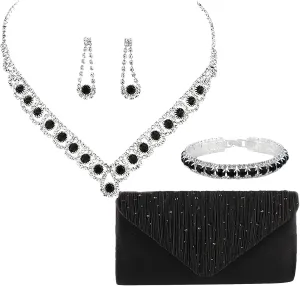 ANUFER Women's Zircon Rhinestones 4 Pieces Jewelry and Clutch Purse Set for Wedding Prom Evening Party