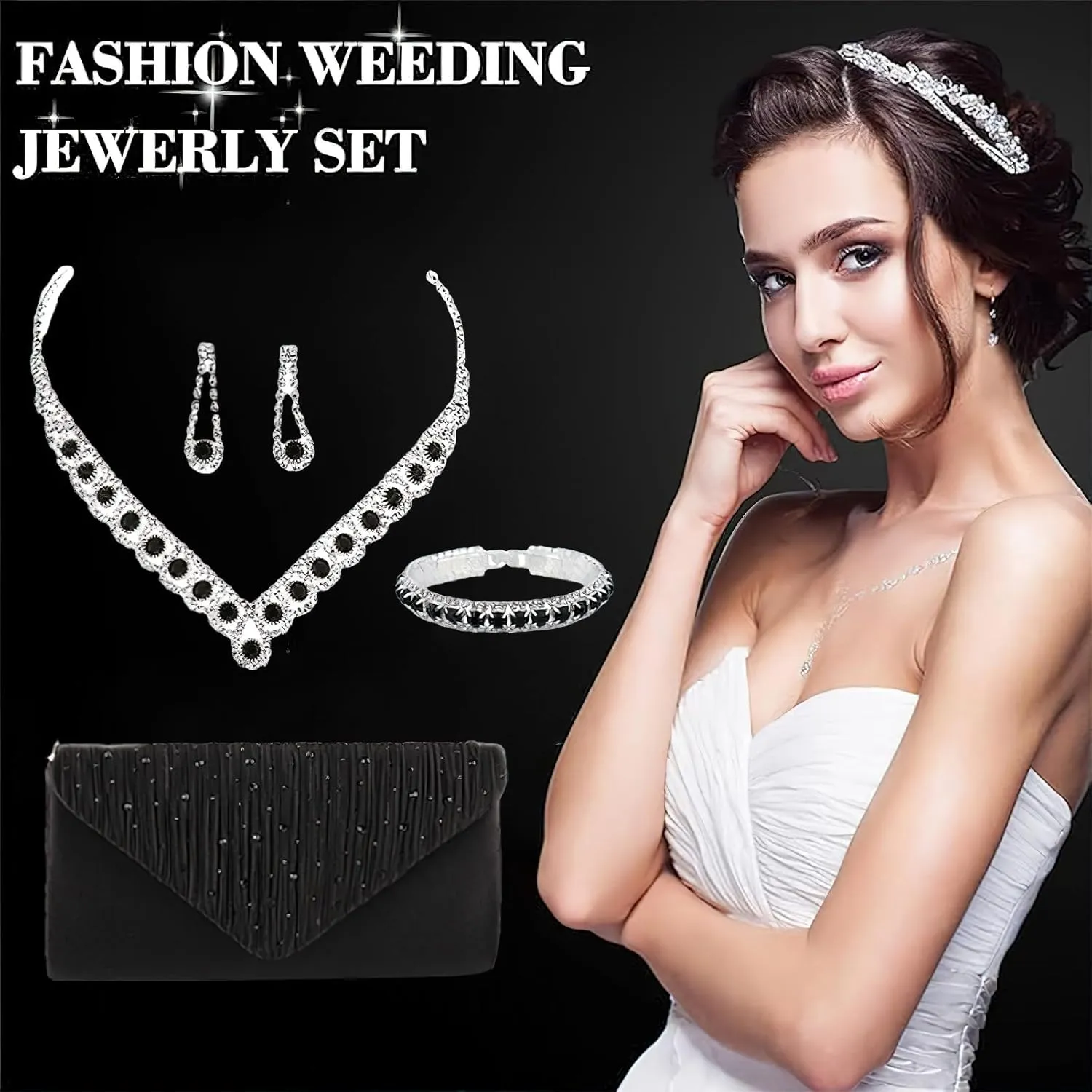 ANUFER Women's Zircon Rhinestones 4 Pieces Jewelry and Clutch Purse Set for Wedding Prom Evening Party