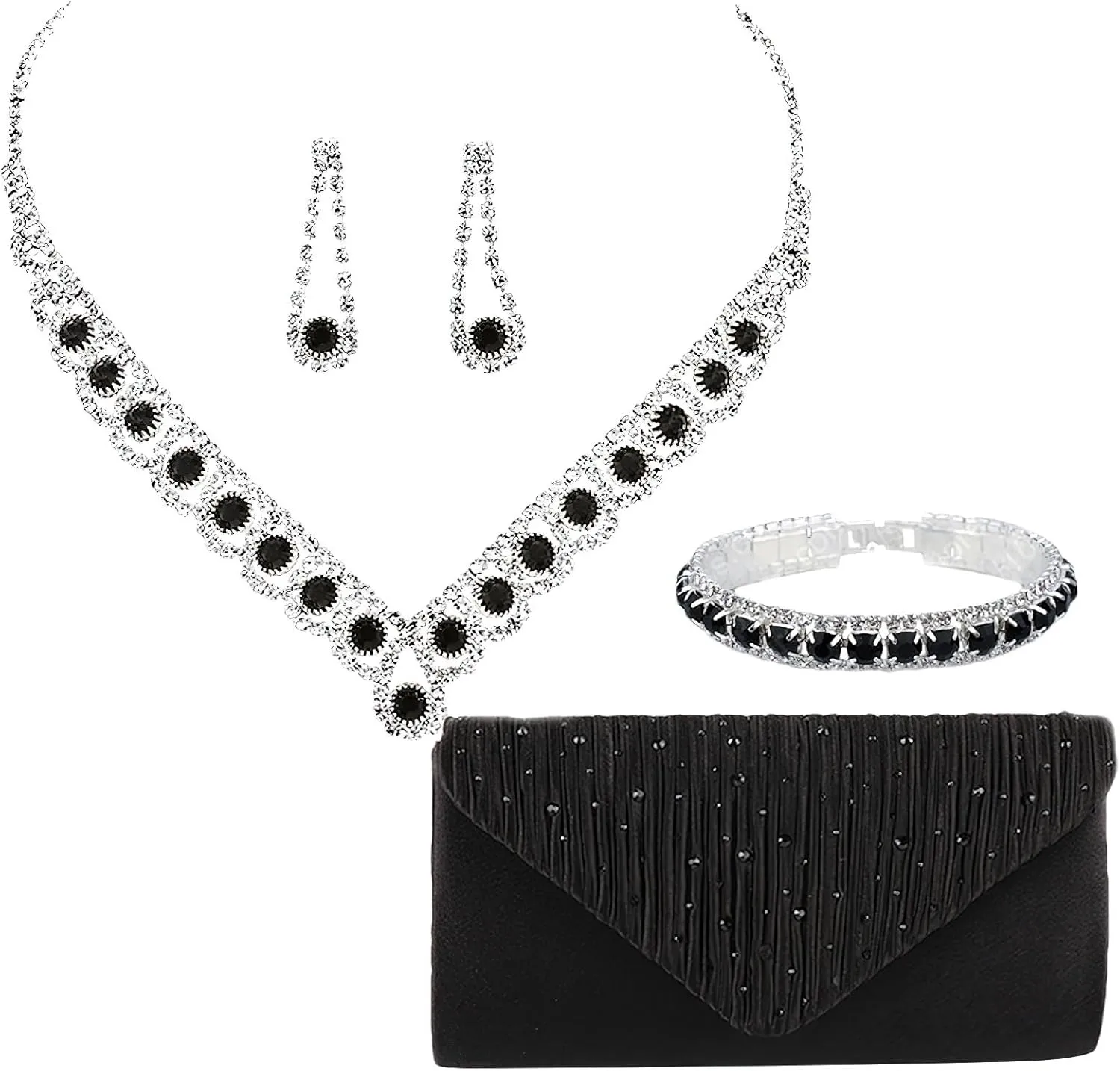 ANUFER Women's Zircon Rhinestones 4 Pieces Jewelry and Clutch Purse Set for Wedding Prom Evening Party