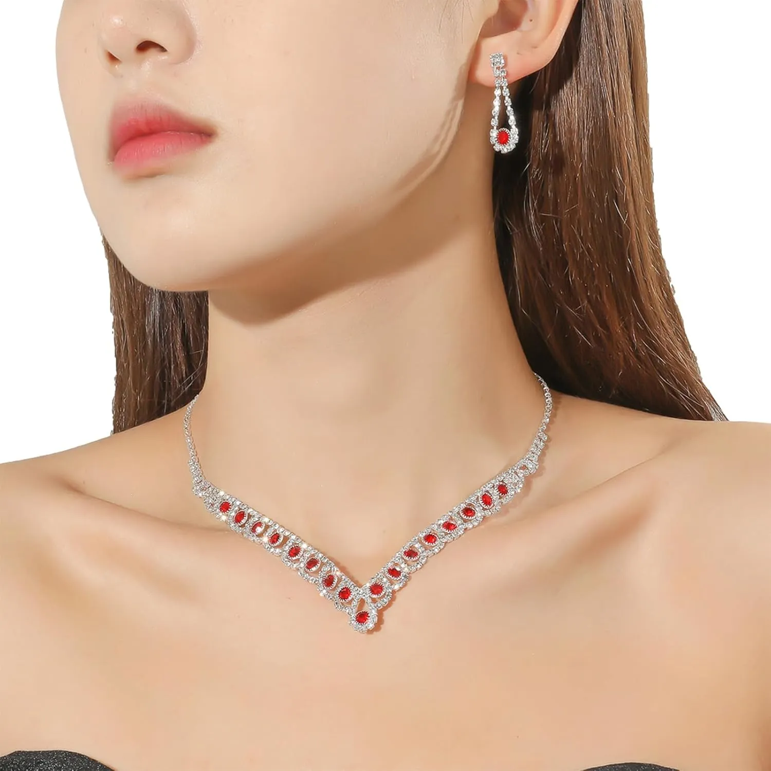ANUFER Women's Zircon Rhinestones 4 Pieces Jewelry and Clutch Purse Set for Wedding Prom Evening Party