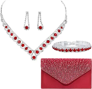ANUFER Women's Zircon Rhinestones 4 Pieces Jewelry and Clutch Purse Set for Wedding Prom Evening Party
