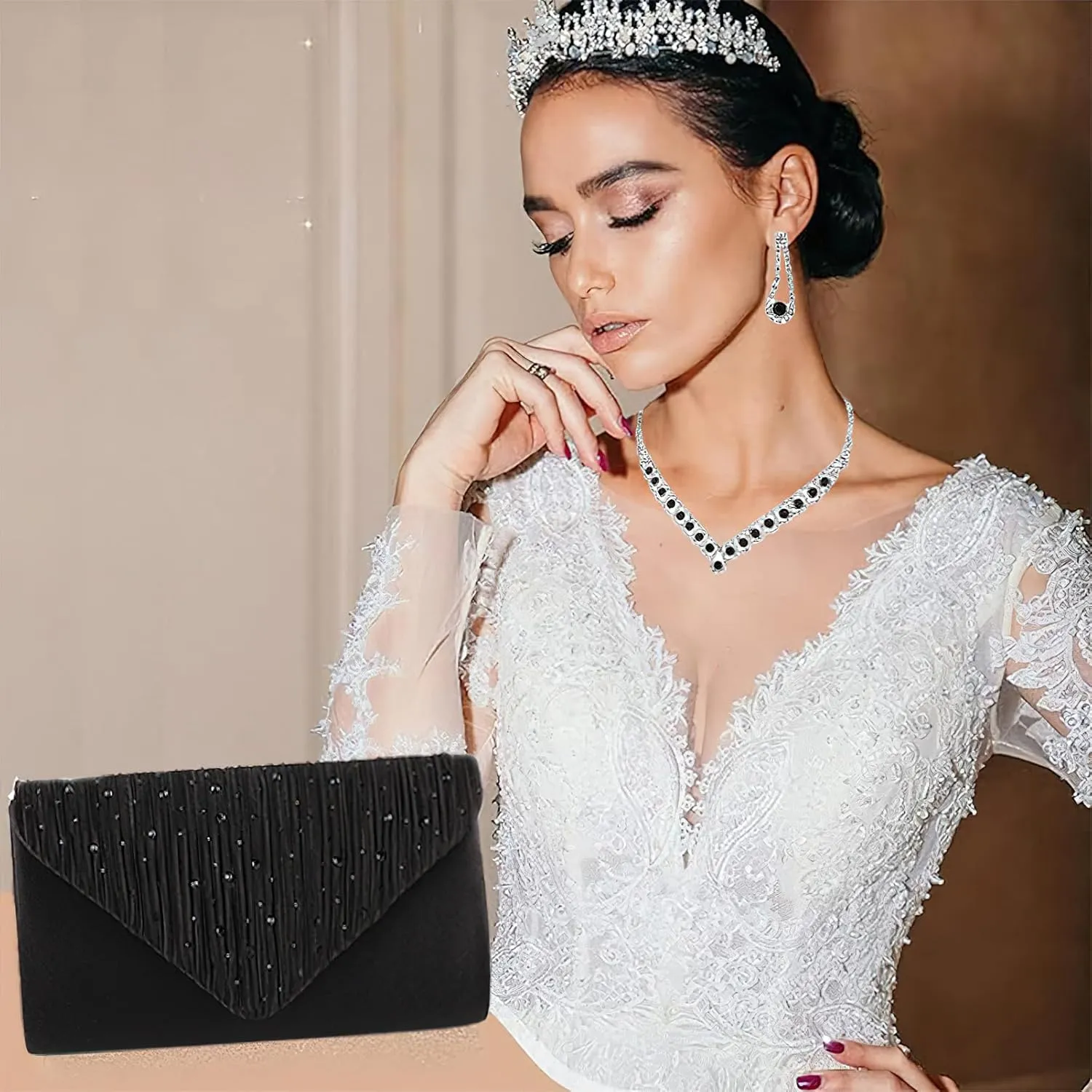 ANUFER Women's Zircon Rhinestones 4 Pieces Jewelry and Clutch Purse Set for Wedding Prom Evening Party