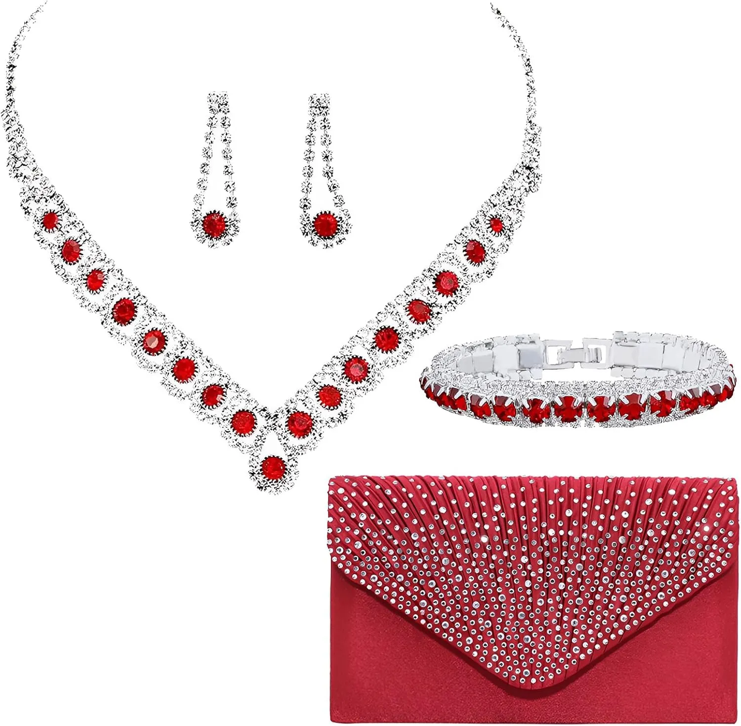 ANUFER Women's Zircon Rhinestones 4 Pieces Jewelry and Clutch Purse Set for Wedding Prom Evening Party