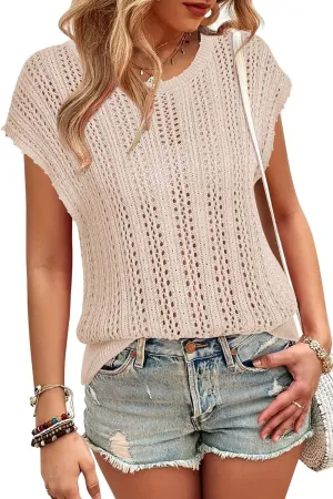 Arach&Cloz Womens Summer Crochet Tops 2024 Lightweight Cap Sleeve Crew Neck Knit Fashion Casual Sleeveless Sweater Vest