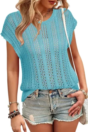 Arach&Cloz Womens Summer Crochet Tops 2024 Lightweight Cap Sleeve Crew Neck Knit Fashion Casual Sleeveless Sweater Vest