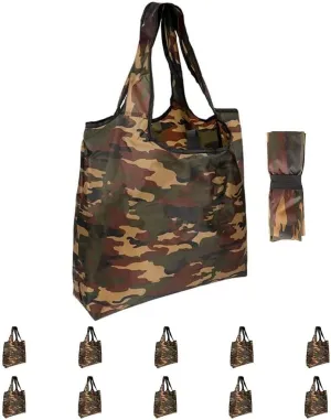 Aricsen 10 Pack 15x4.5x15 Inch Camo Reusable Shopping Bags with Handles Bulk, Foldable Xlarge Grocery Bags Heavy Duty 50 LBS Machine Washable for Pocket Nylon Tote, Polyester Fabric Cloth