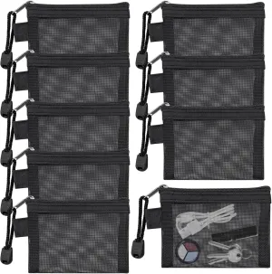Aswewamt 9 Pcs Mini Zipper Mesh Bags, 4.3" x 3" Small Nylon Key Holder Cosmetic Pouch Portable Travel Makeup Cosmetic Mesh Zipper Bags for Purse Lipstick Earphone Keys Cards (Black)