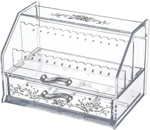 ATAAYJewelry Storage Box Jewelry Box Organizer Cosmetic Storage Box Earring Holder Display Stand Portable Jewelry Bag with Lid Drawer (Grey) (Clear)