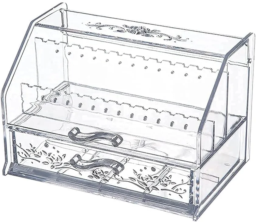 ATAAYJewelry Storage Box Jewelry Box Organizer Cosmetic Storage Box Earring Holder Display Stand Portable Jewelry Bag with Lid Drawer (Grey) (Clear)