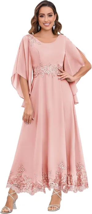 AUMEELAM 3/4 Sleeve Mother of The Brides Dresses for Wedding Plus Size Lace Appliques Chiffon Formal Evening Gowns