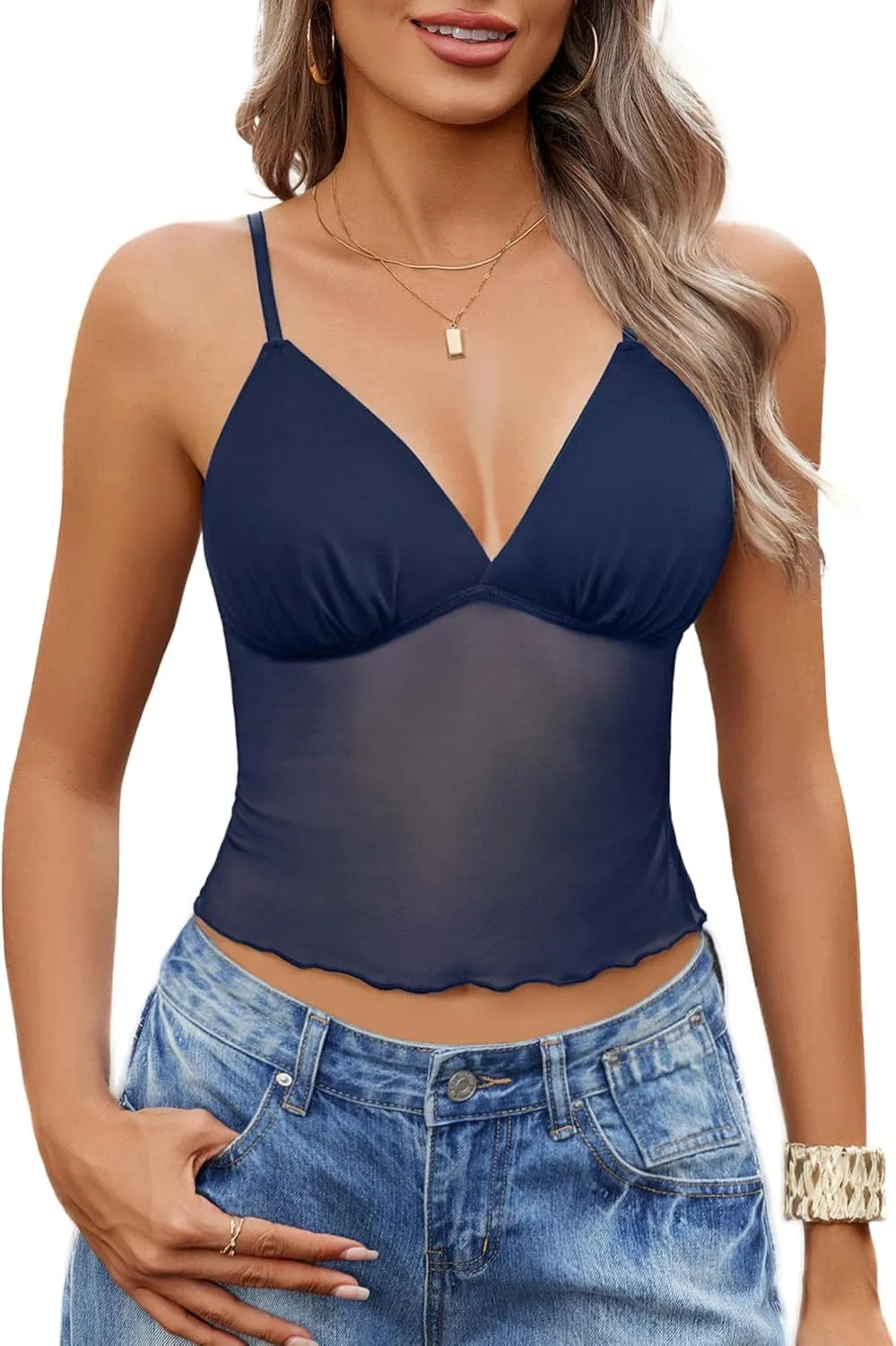 Avidlove Sexy Sheer Tops for Women Mesh Crop Tops See Through V Neck Cami Spaghetti Strap Sleeveless Tank Top