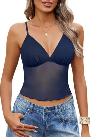 Avidlove Sexy Sheer Tops for Women Mesh Crop Tops See Through V Neck Cami Spaghetti Strap Sleeveless Tank Top