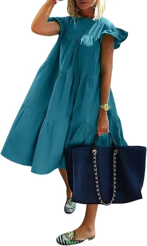 Baby Doll Dress Sundresses Boho Dress Women's Sleeveless Ruffle Sleeve Round Neck Loose Short Flowy Mini Dresses
