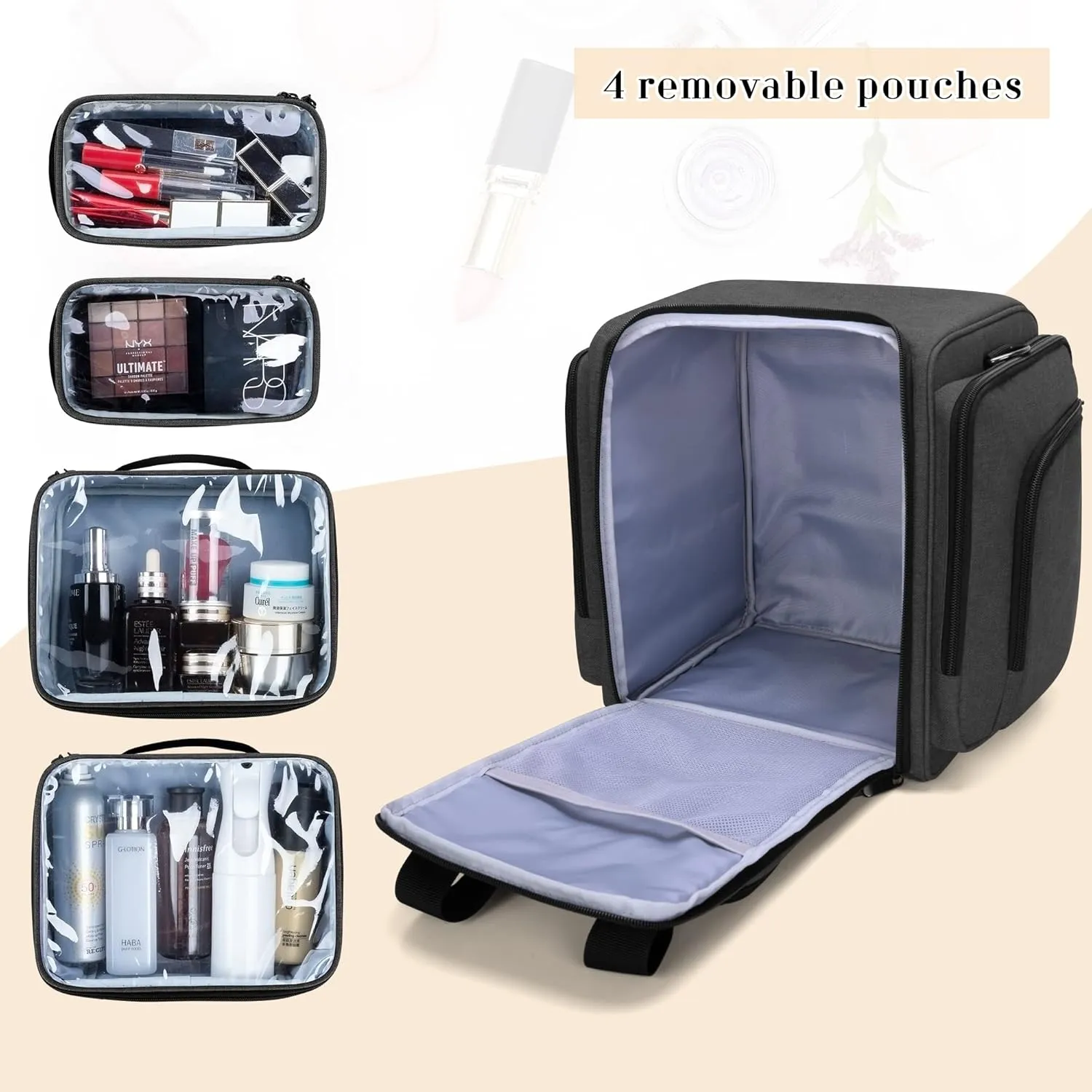 BAFASO Travel Makeup Bag with 4 Inner Removable Pouches, Multifunctional Hair Bag Cosmetic Bag Holds Makup/Hair Supplies (Patent Pending), Black