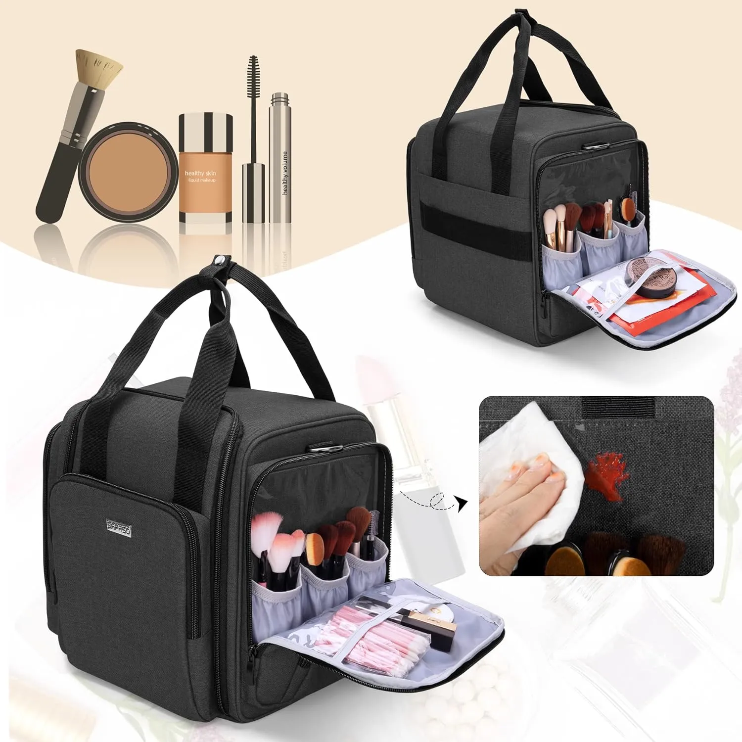 BAFASO Travel Makeup Bag with 4 Inner Removable Pouches, Multifunctional Hair Bag Cosmetic Bag Holds Makup/Hair Supplies (Patent Pending), Black