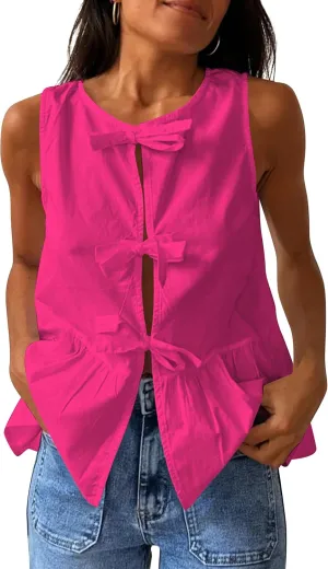 BAIGRAM Women Trendy Bow Tie Front Babydoll Tank Tops Sleeveless Peplum Ruffle Blouse Tie Up Summer Casual Dressy Tunic