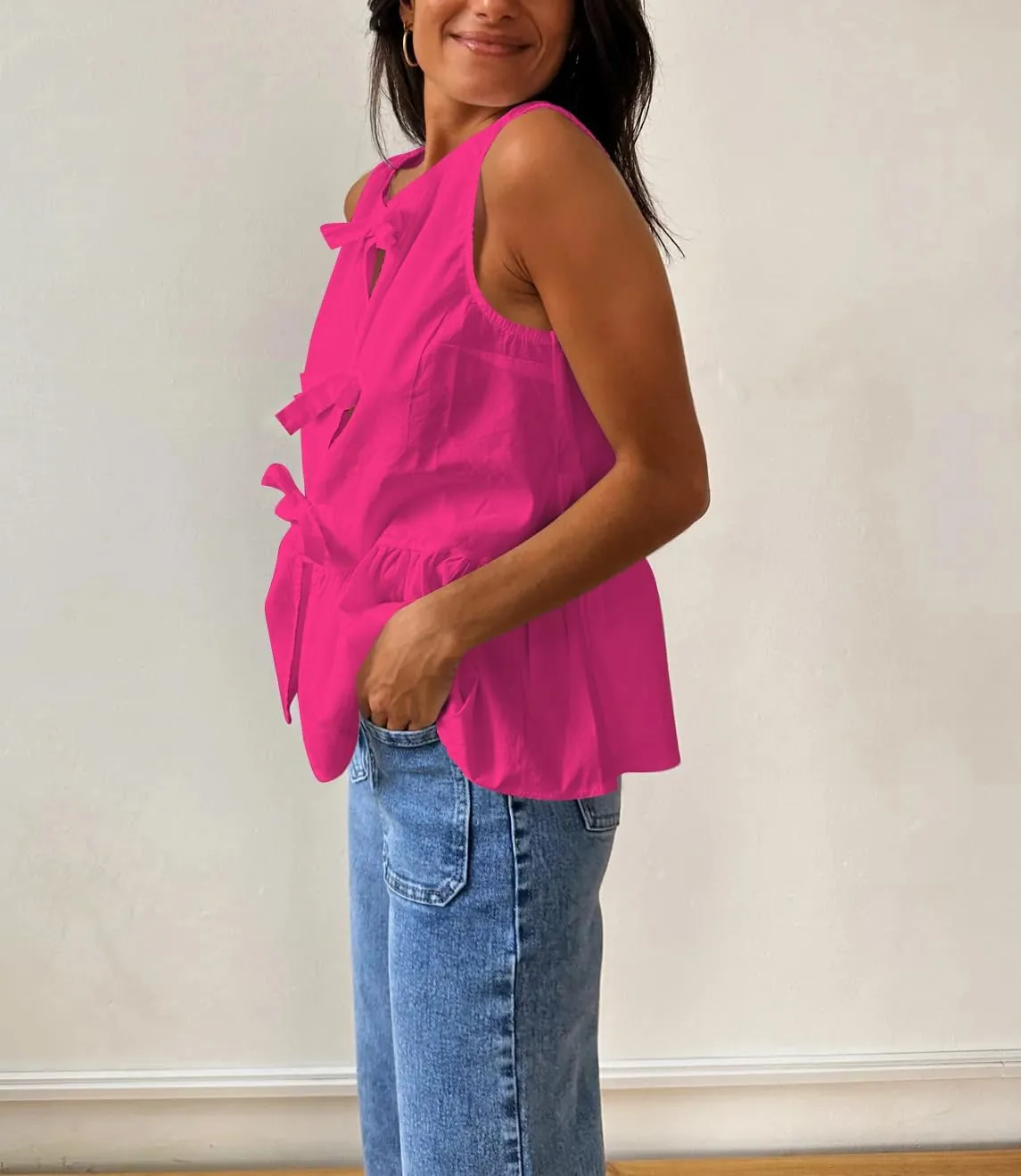 BAIGRAM Women Trendy Bow Tie Front Babydoll Tank Tops Sleeveless Peplum Ruffle Blouse Tie Up Summer Casual Dressy Tunic