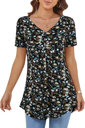 BAISHENGGT Women's Tunic Tops for Leggings Summer Short Sleeve V Neck Button Casual Blouses Flowy T Shirt