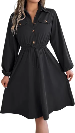 BAXLIMEK Midi Dresses for Women,2025 Spring Elegant Trendy Long Sleeve Dress Flowy Pleated A Line Vacation Dress Work Outfits