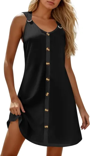 BAXLIMEK Sundresses for Women,2025 Spring Summer Casual Loose V Neck Sleeveless Mini Dress,Button Flowy A Line Beach Dress