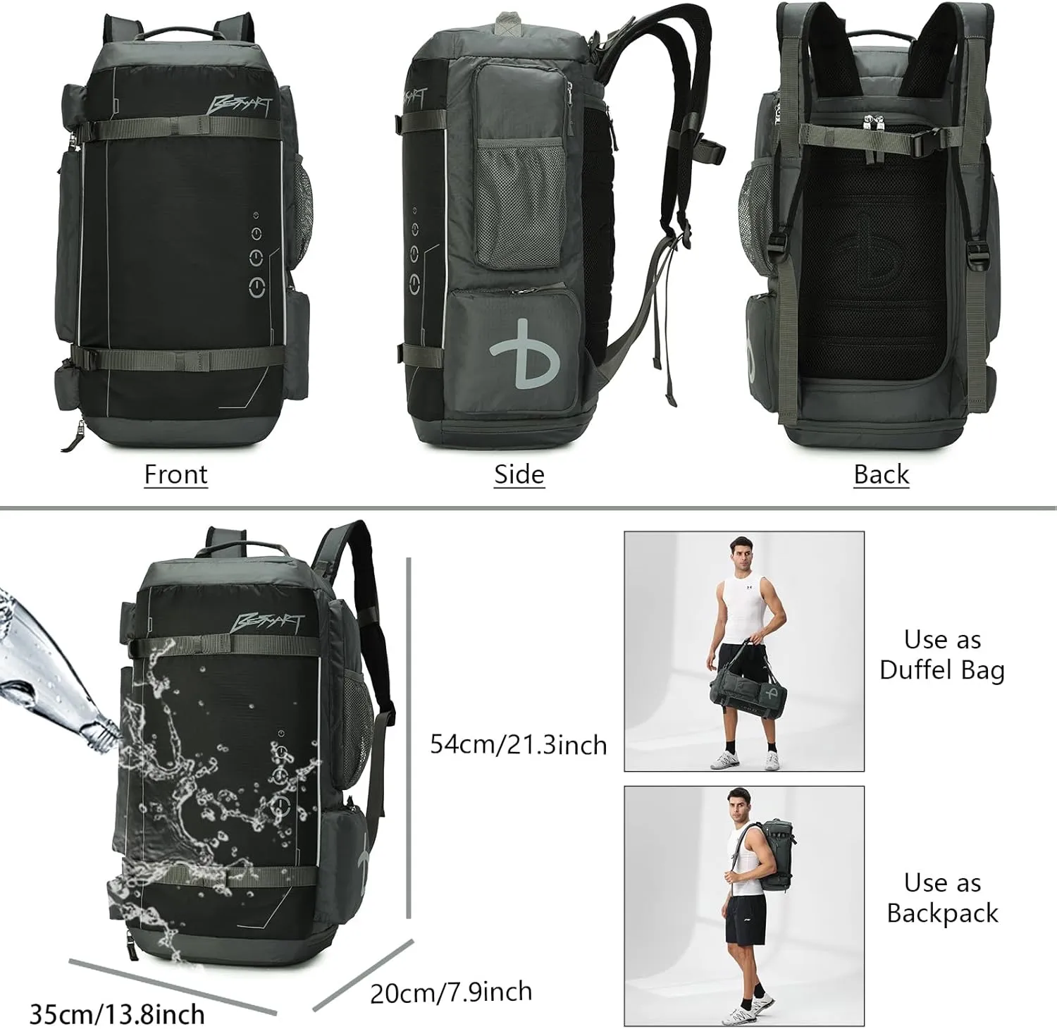 BE SMART 40L Extra Large Gym Backpack for Men, Big Gym Bag with Shoes Compartment, Waterproof Heavy Duty Duffel Bags, Men's Workout Backpacks for Outdoor Sport,Hiking,Camping,Travel