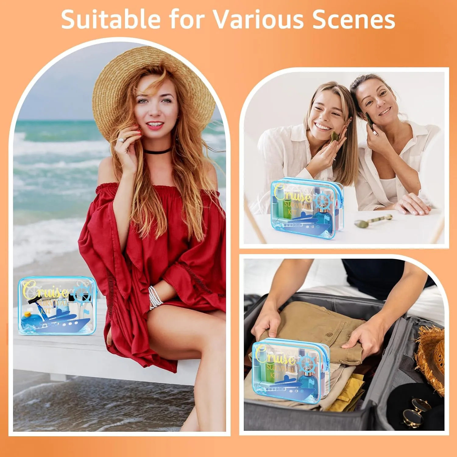 Beach Clear Makeup Bags For Women PVC Cruise Make Up Bag Seaside Travel Pouch Cruise Accessories With Zipper Pouch For Trip Cruise Summer Beach Toiletry Bag For Friend Girls