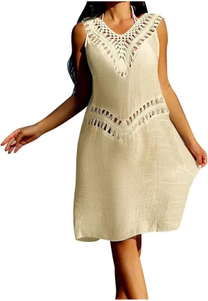 Beach Cover Up for Women Hollow out Sleeveless Sundresses Summer Bathing Suit Swimwear Bikini Pool Swim Coverup 2025