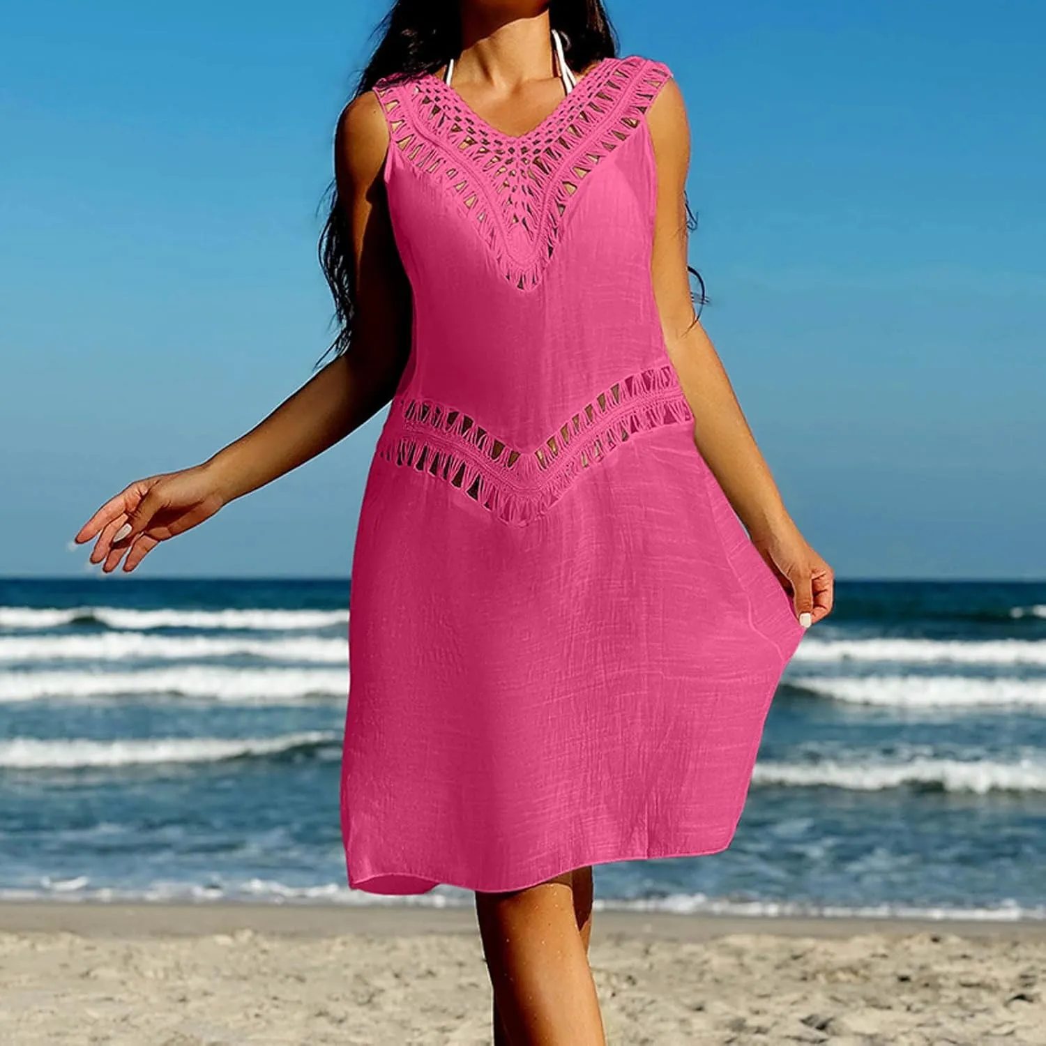 Beach Cover Up for Women Hollow out Sleeveless Sundresses Summer Bathing Suit Swimwear Bikini Pool Swim Coverup 2025