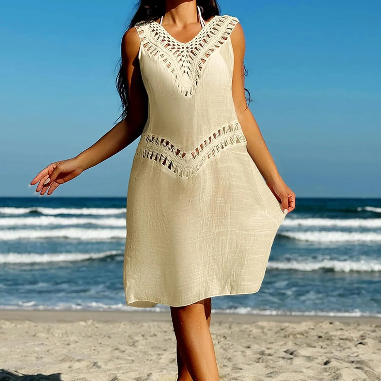 Beach Cover Up for Women Hollow out Sleeveless Sundresses Summer Bathing Suit Swimwear Bikini Pool Swim Coverup 2025