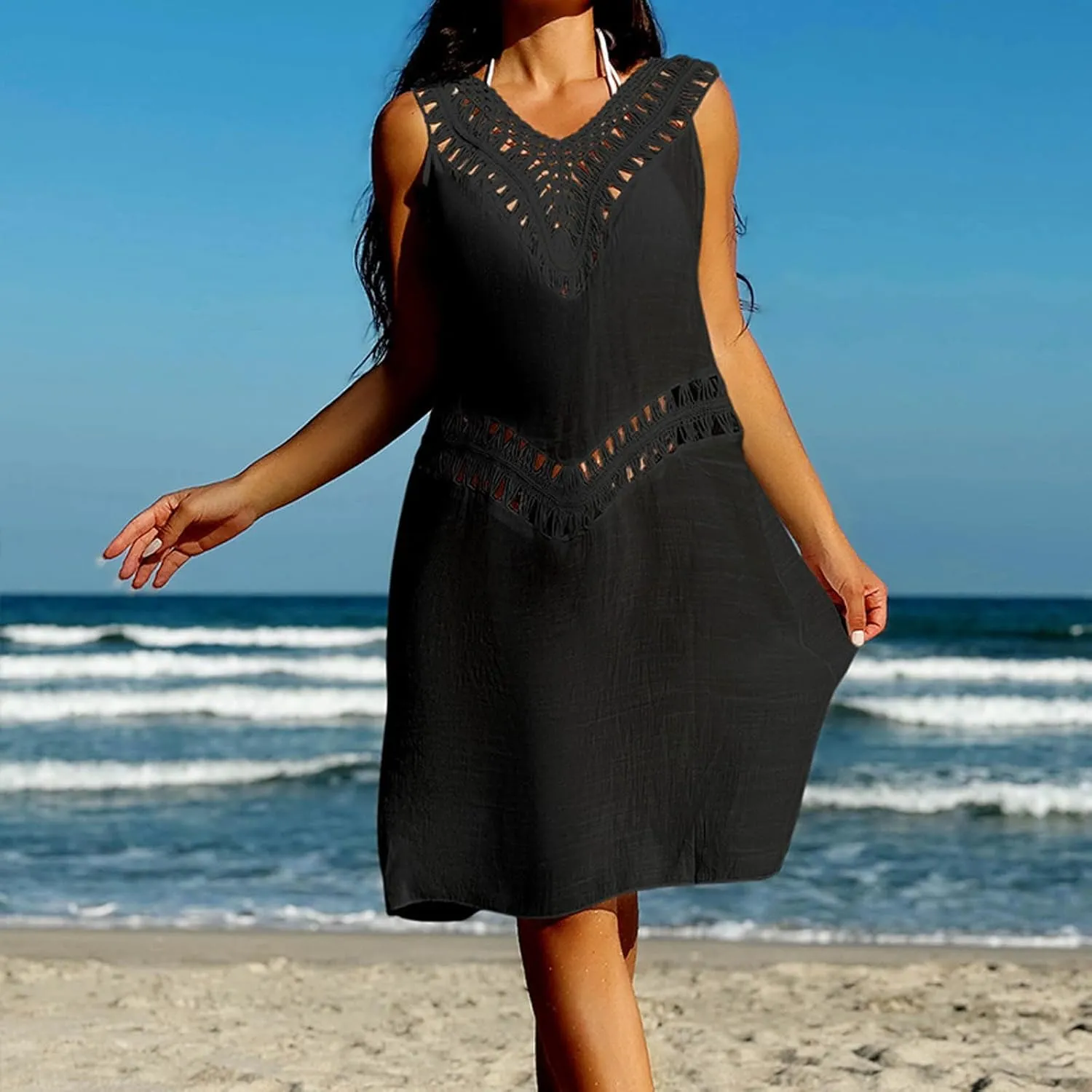 Beach Cover Up for Women Hollow out Sleeveless Sundresses Summer Bathing Suit Swimwear Bikini Pool Swim Coverup 2025